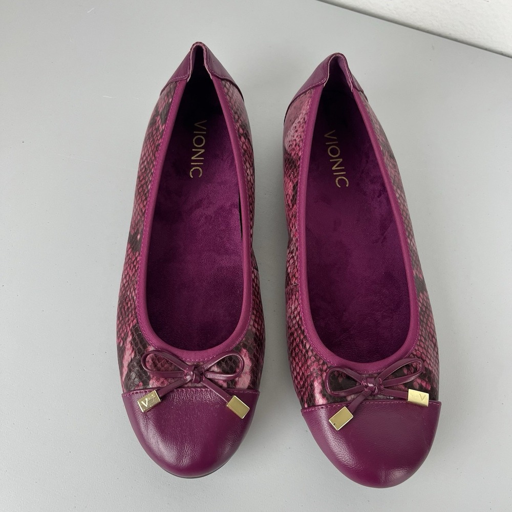 Vionic Women's 8 Minna Purple Snakeskin Cap Toe Slip On Bow Ballet Flats - Picture 7 of 9